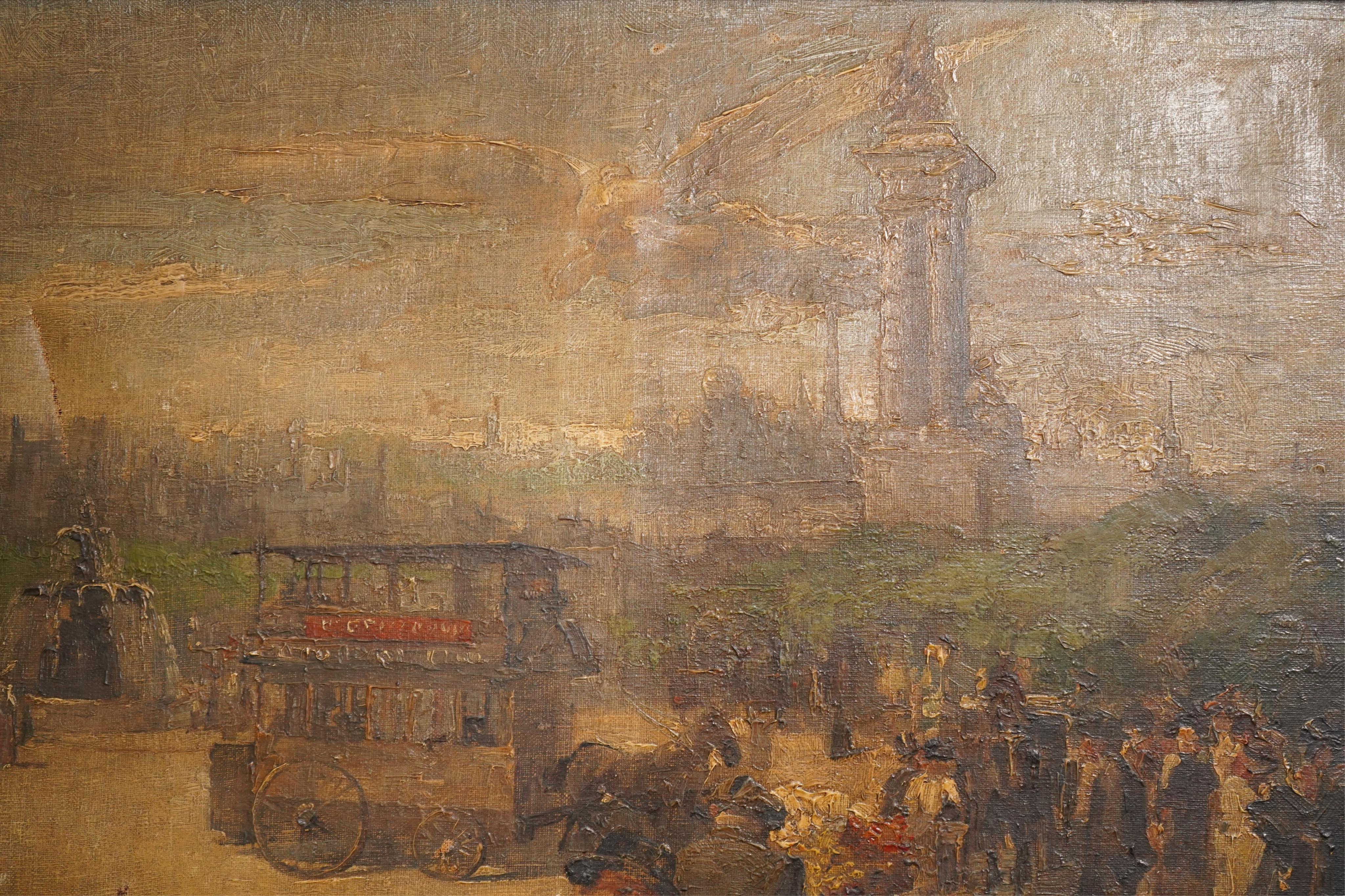 Impressionist School , Street scene with tram, fountain and triumphal arch, oil on canvas, 59 x 72cm